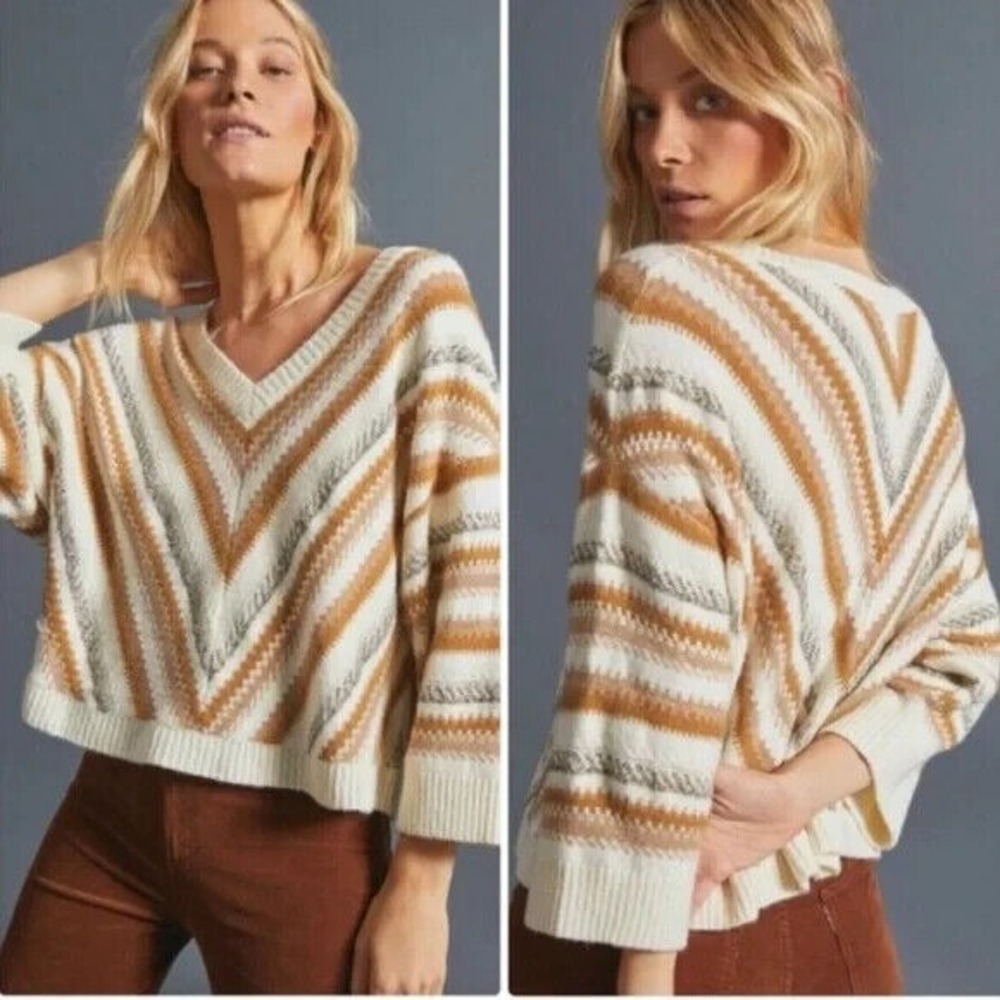 ANTHROPOLOGIE XS/S Luna Shimmer Striped VNeck Sweater Chevron Pattern Pullover